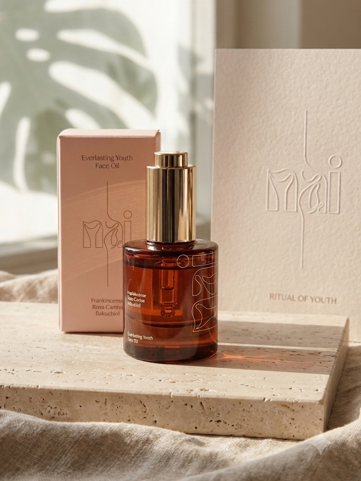 Luban, Frankincense, face oil, cold-pressed. An amber glass bottle of facial oil with a gold pump stands in front of its blush pink box and a large textured cream card, all branded 'mai', arranged on a stone slab with draped linen in a softly lit interior.